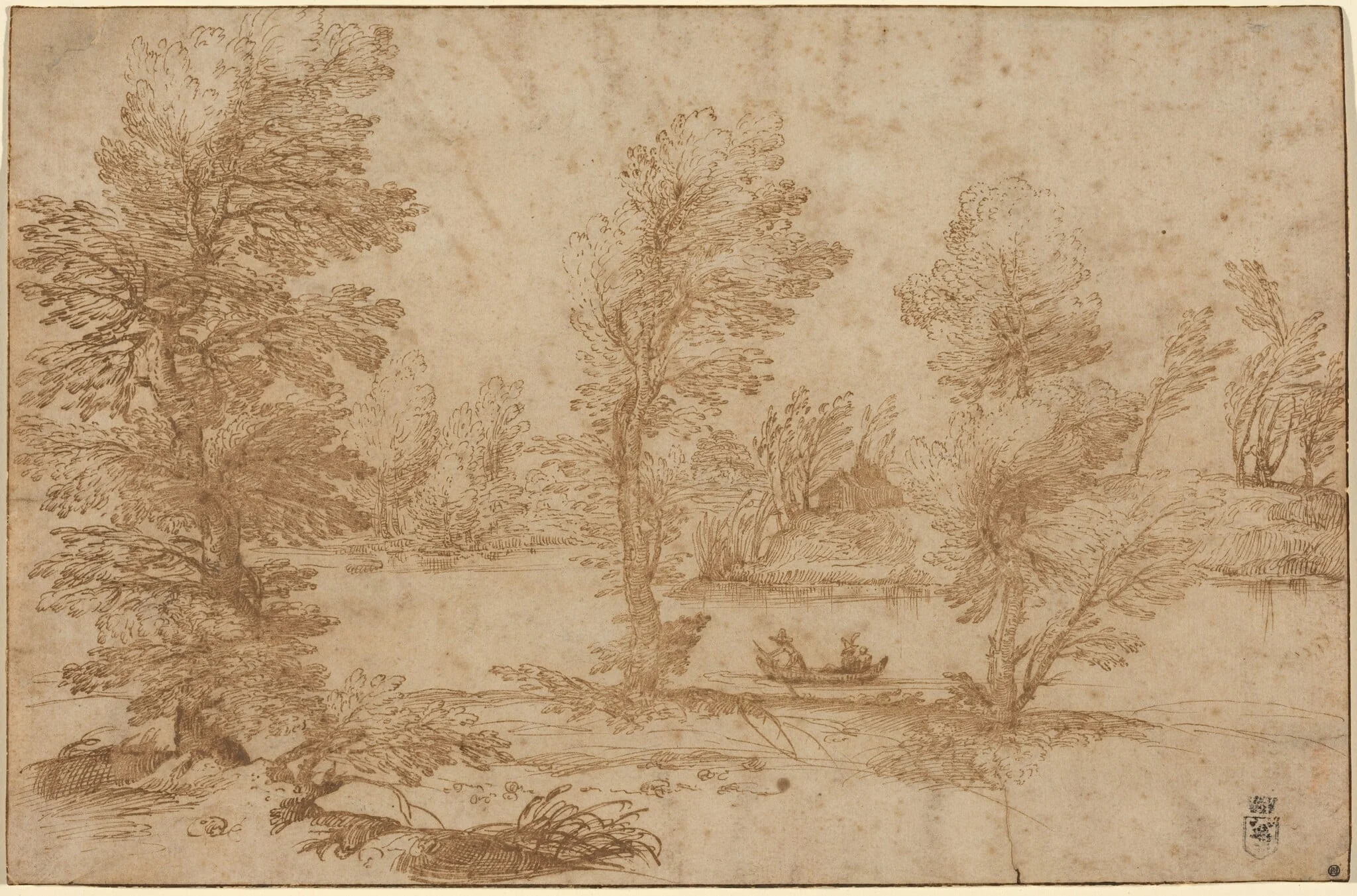 Woodland River with a Boat, by Agostino Carracci, ink, 1590