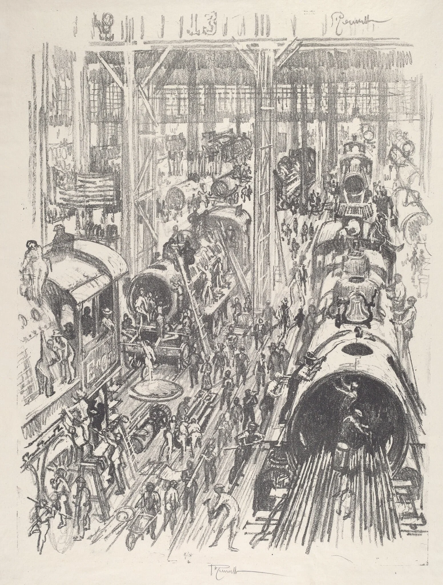 Building Engines for the Allies, by Joseph Pennell, ink, 1917