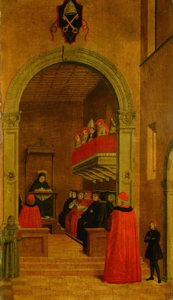 Szene aus dem Leben des Hl. Vinzenz Ferrer: Der Heilige legt in Avignon in Gegenwart des Papstes und der Kardinäle das Wort aus