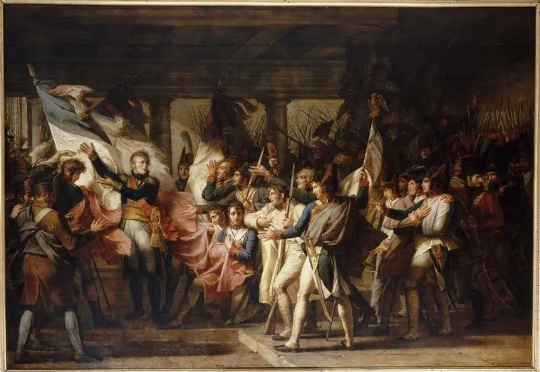 Marshal Ney hands over their flags to the soldiers of the 76th Line Regiment, November 7, 1805