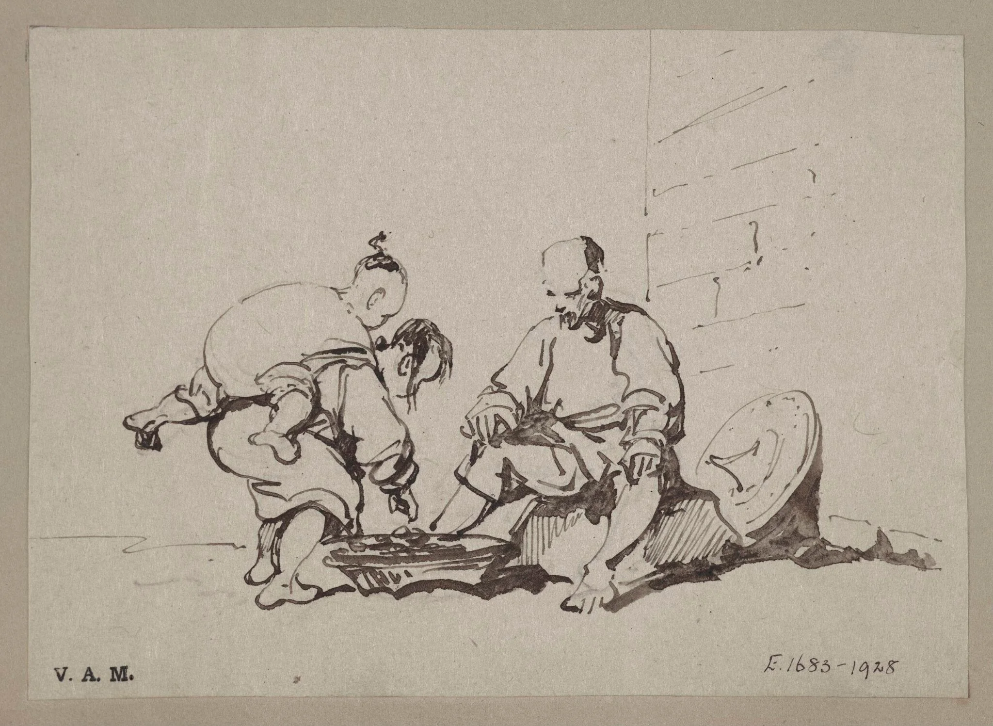 A drawing by GeA vendor and a stooping woman with a child on her back, by George Chinnery, 19
