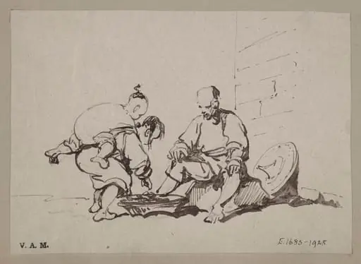 A drawing by GeA vendor and a stooping woman with a child on her back