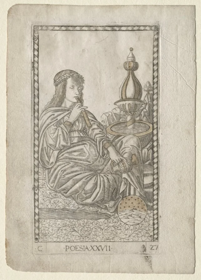 Poetry (from the Tarocchi, series C:  Liberal Arts, #27), by Master of the E-Series Tarocchi, 1467