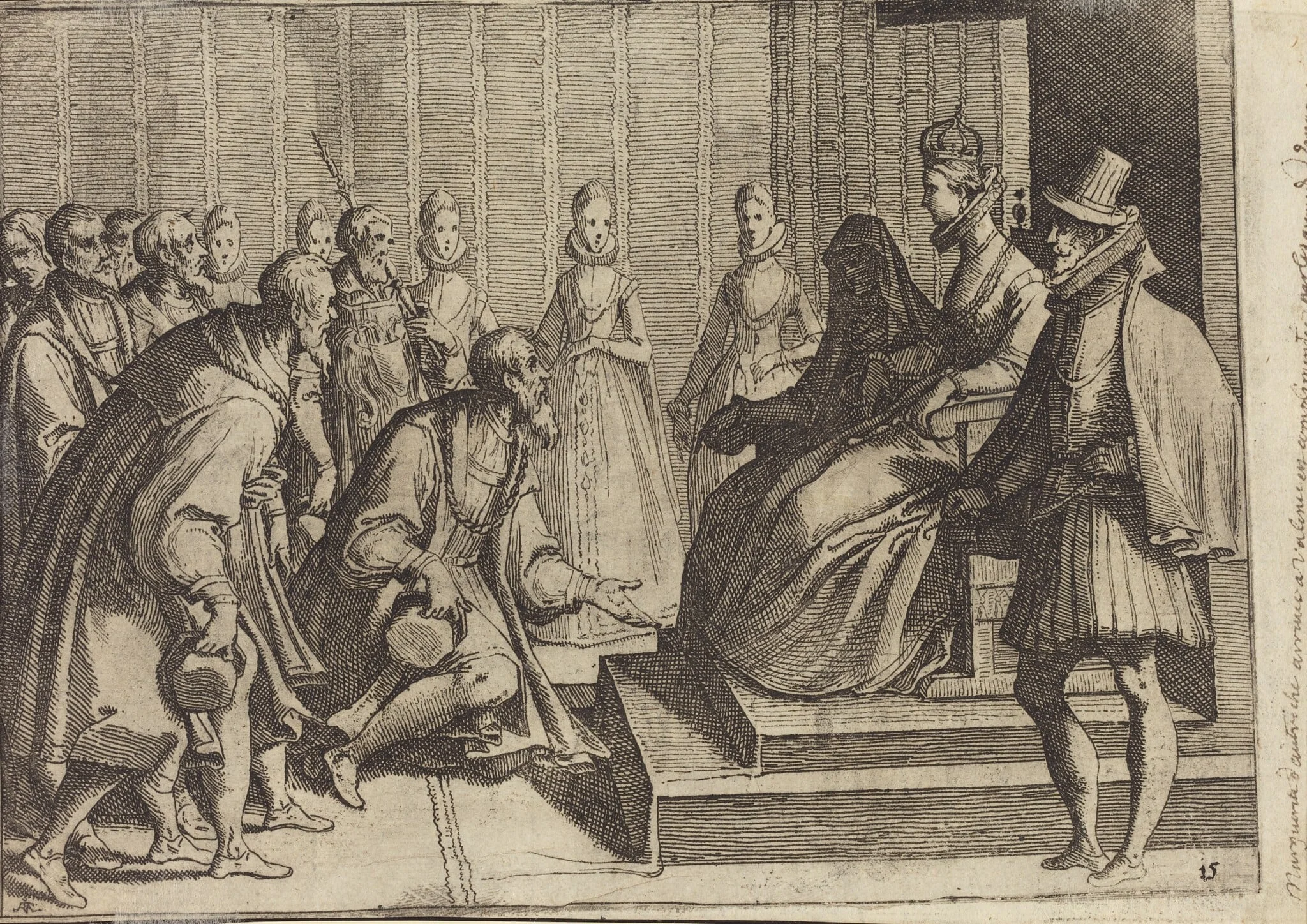 Margaret of Austria Giving Audience to a Nobleman [verso], by Raffaello Schiaminossi, ink, 1612
