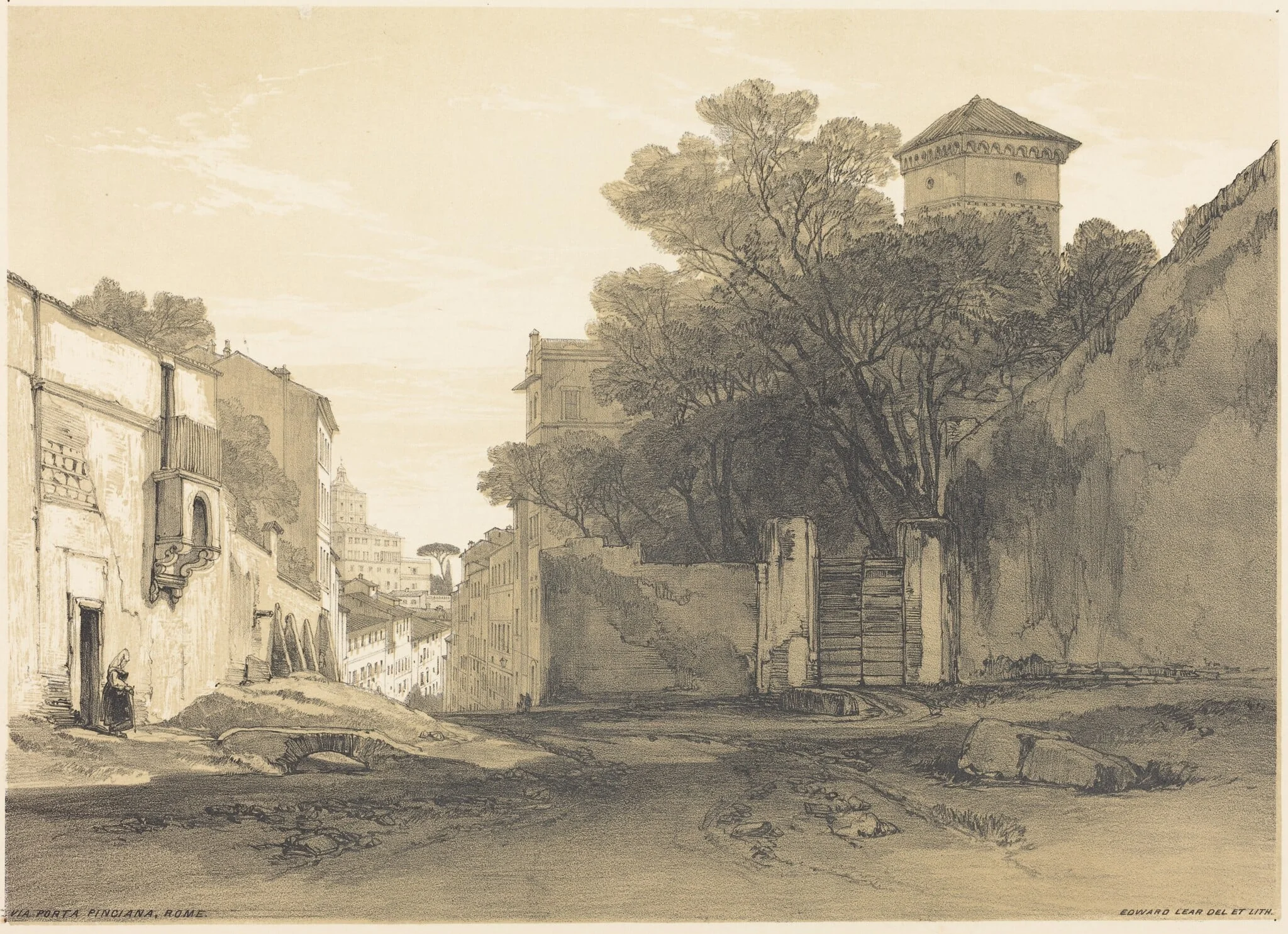 Via Porta Pinciana, Rome, by Edward Lear, ink, 1850
