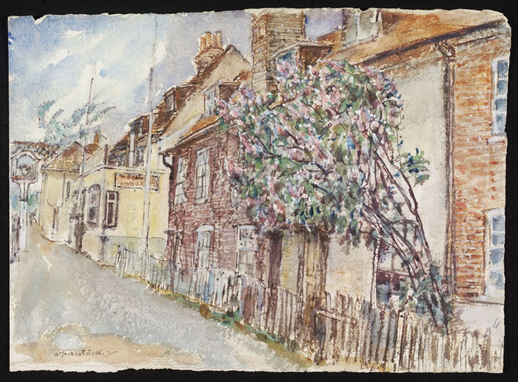 The Bull Inn and Cottages, Strand-on-the-Green, Chiswick, by Archibald Standish Hartrick, watercolor, 1940
