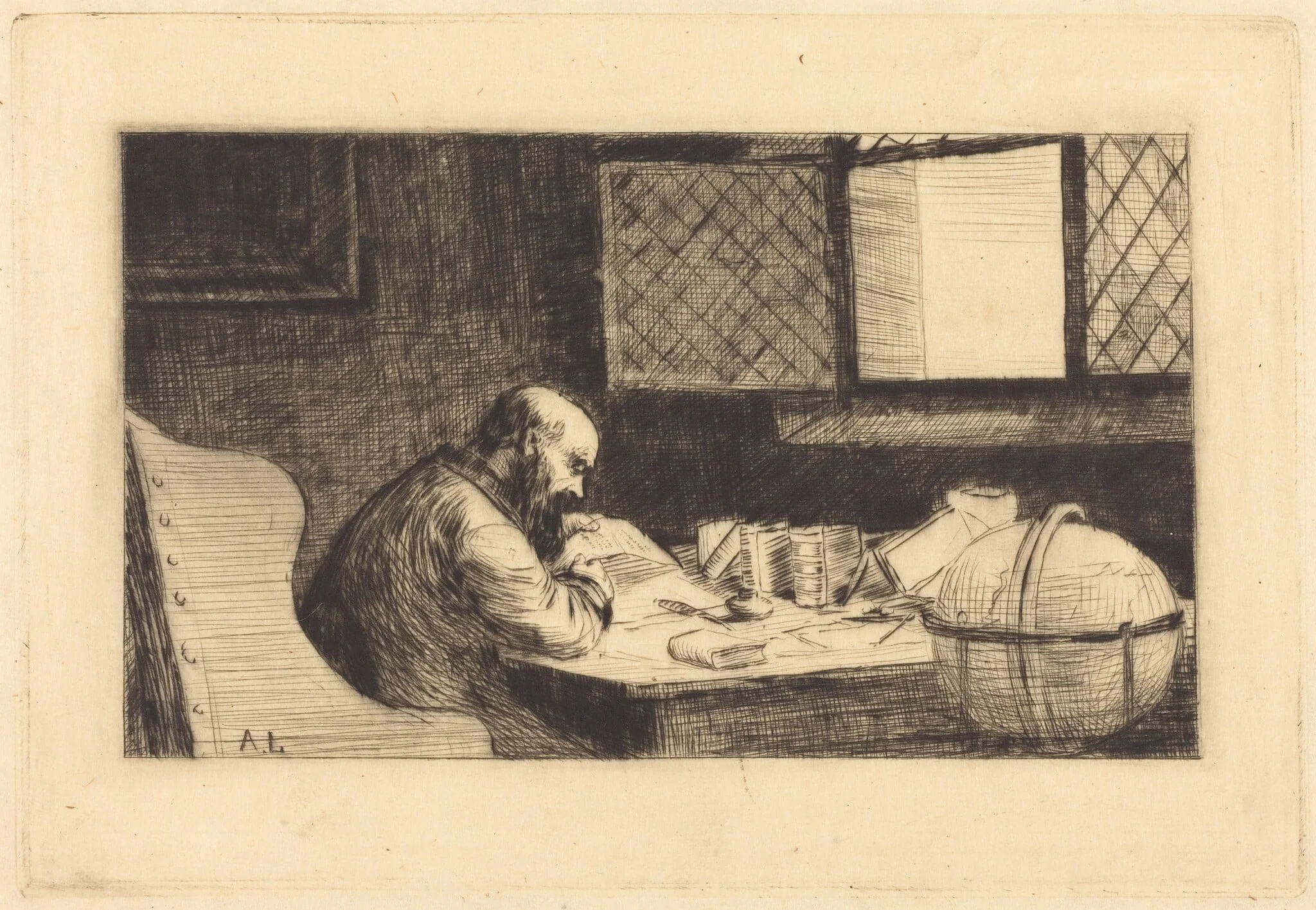 Geographer (Le geographe), by Alphonse Legros, ink, 1874