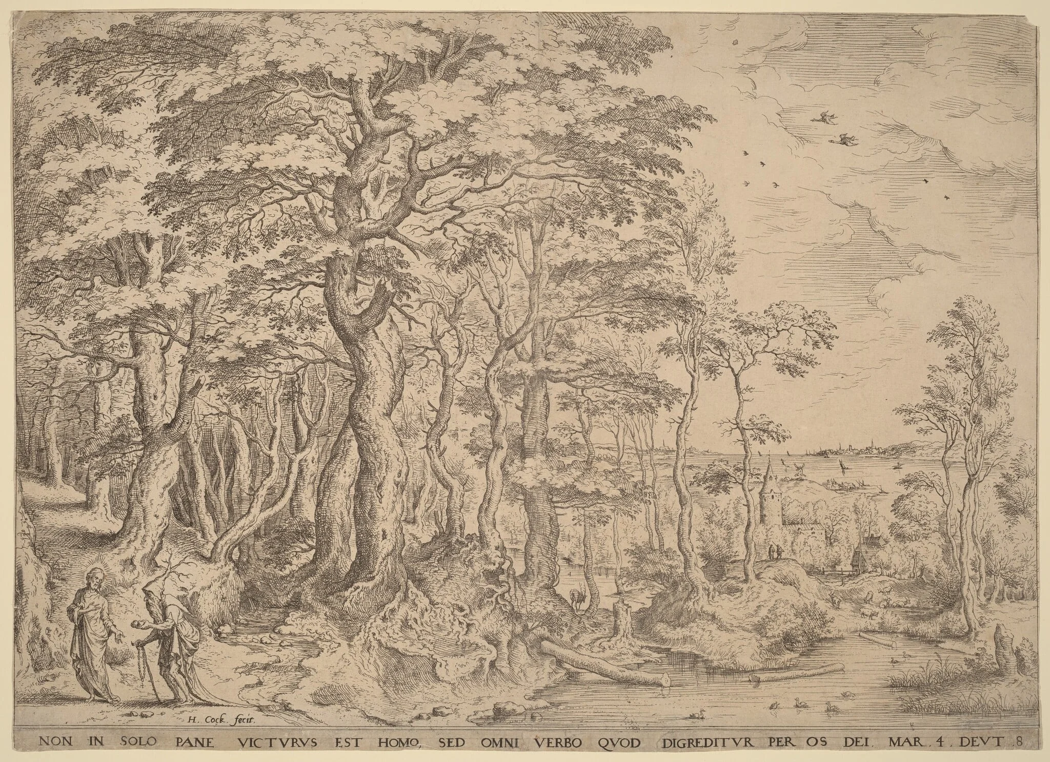 Landscape with the Temptation of Christ, by Hieronymus Cock, ink, 1554