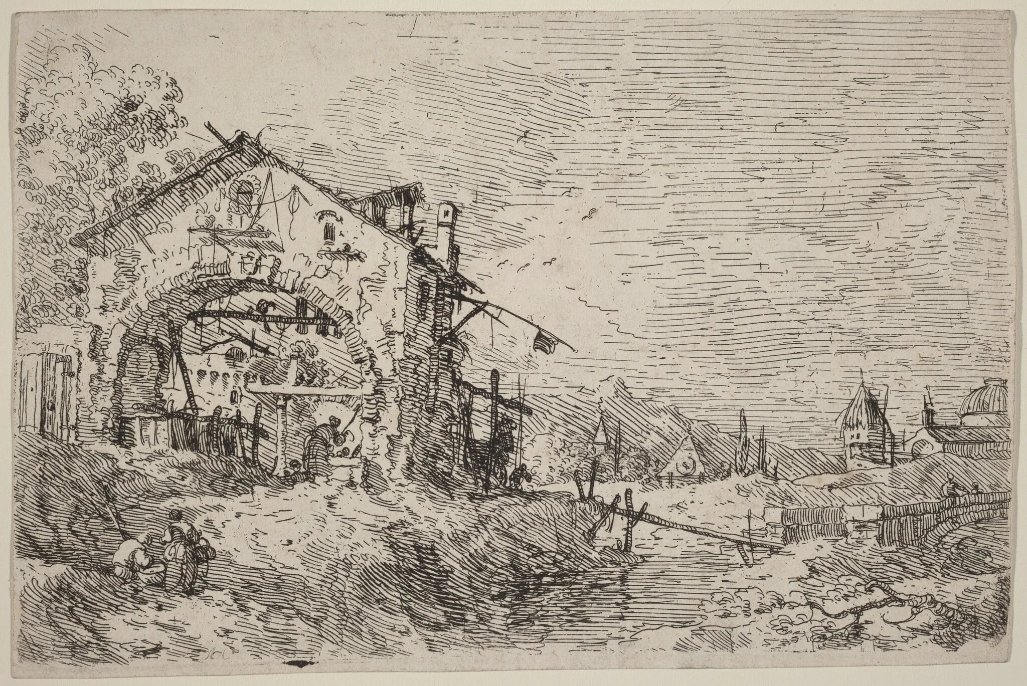 Landscape with a Woman at a Well, by Canaletto, ink, 1740