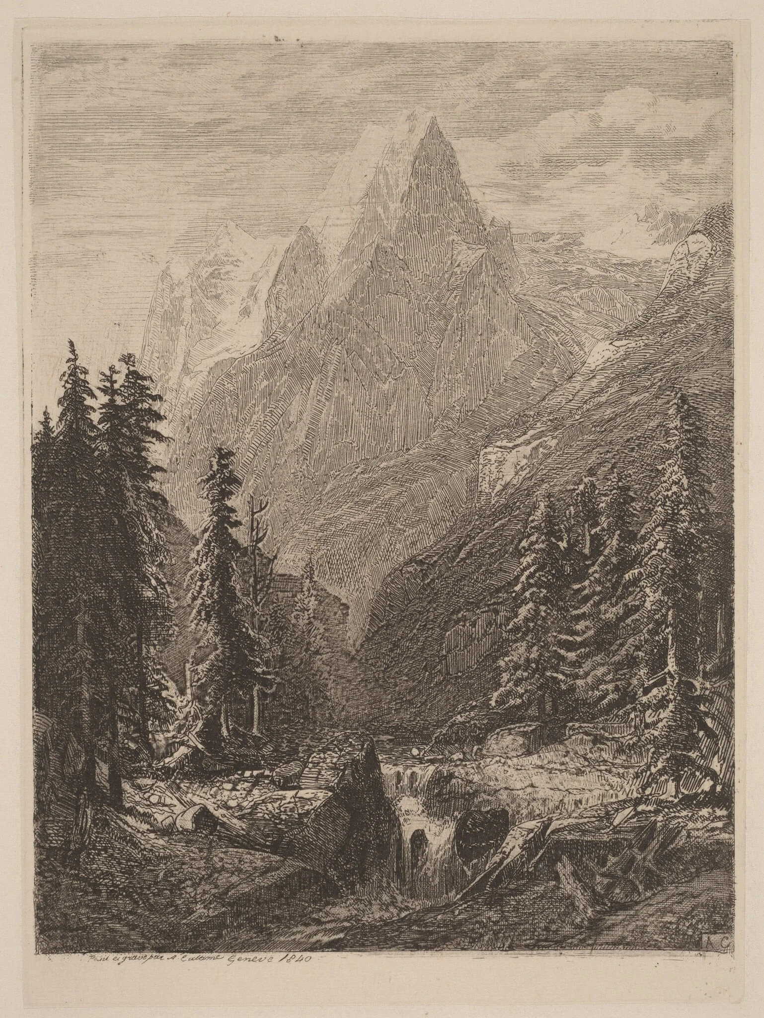 Mountain Meadow, by Alexandre Calame, ink, 1840