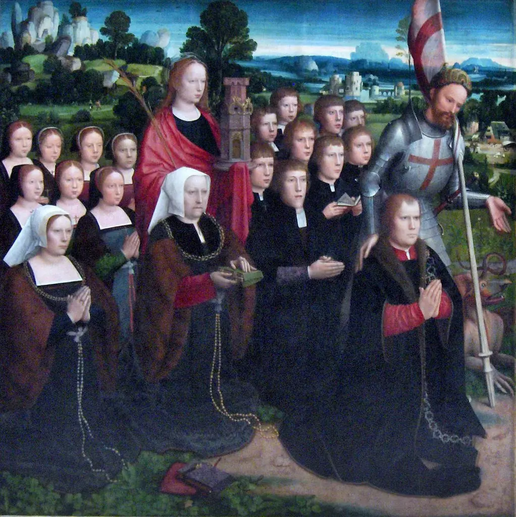 Our Lady of the Seven Sorrows (left wing of diptych: Joris van de Velde, his wife Barbara Le Maire and their children with Saints George and Barbara)