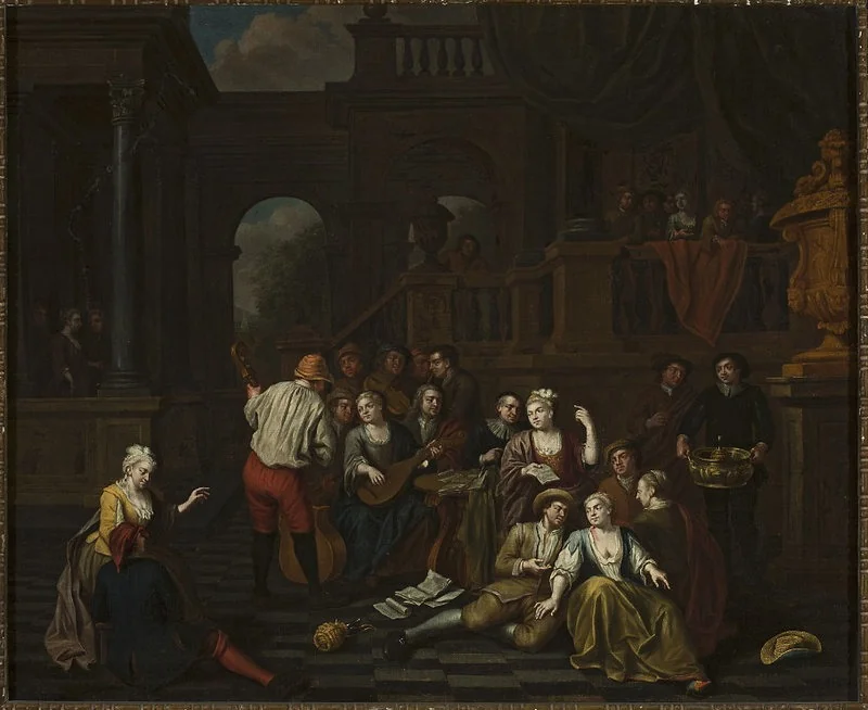 Figural scene against architecture, by Richard Brakenburgh, oil, 1686