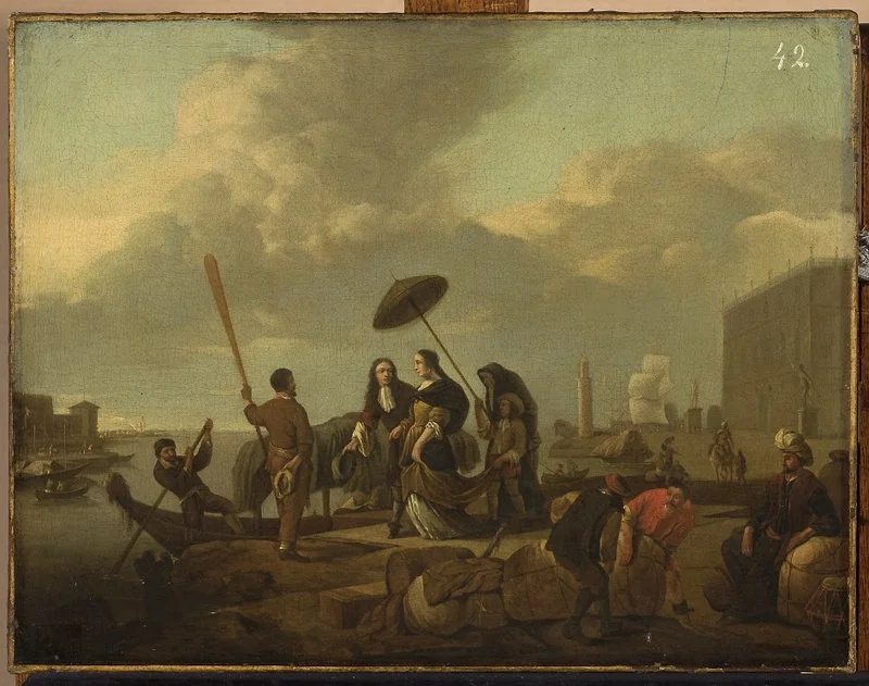 Scene in a port, by Johannes Lingelbach, oil, 1658