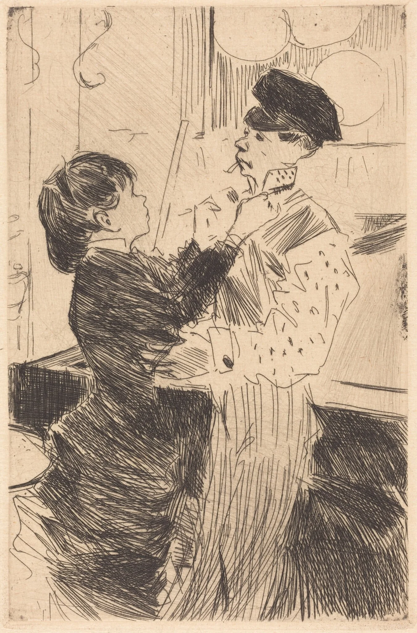 La noed de cravate (Knotting the Cravat), by Jean-Louis Forain, ink, 1880