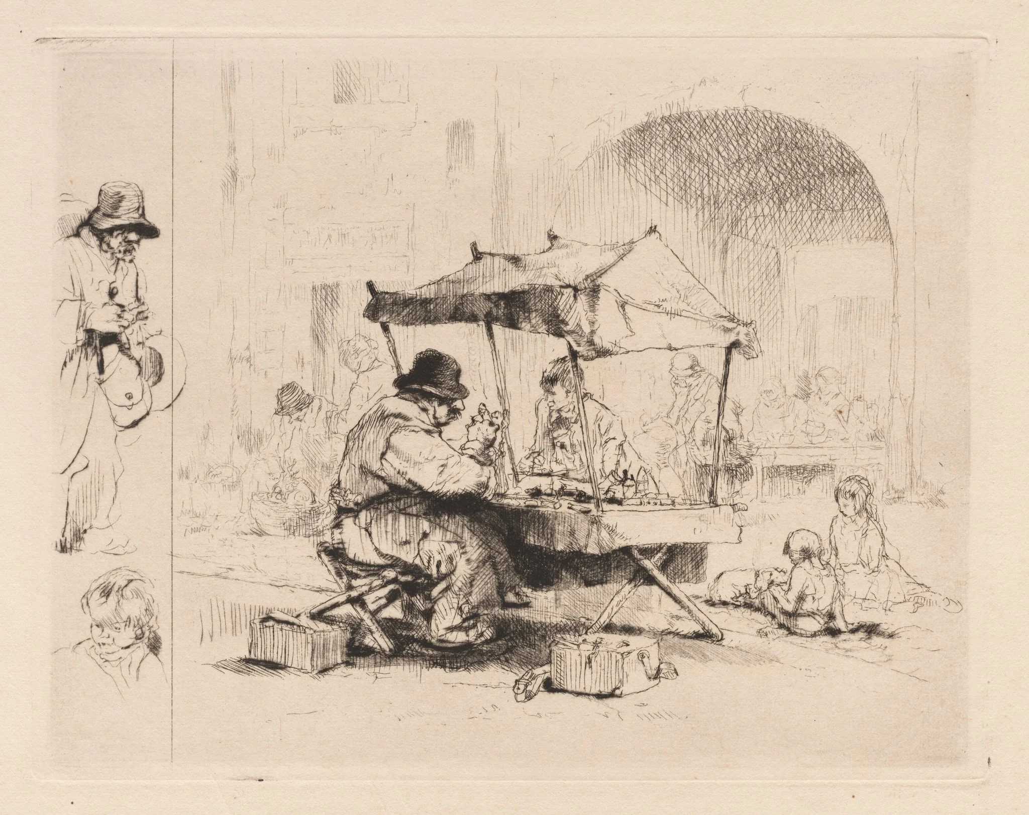 [Merchant in his stall with children playing], by Auguste Brouet, 1922