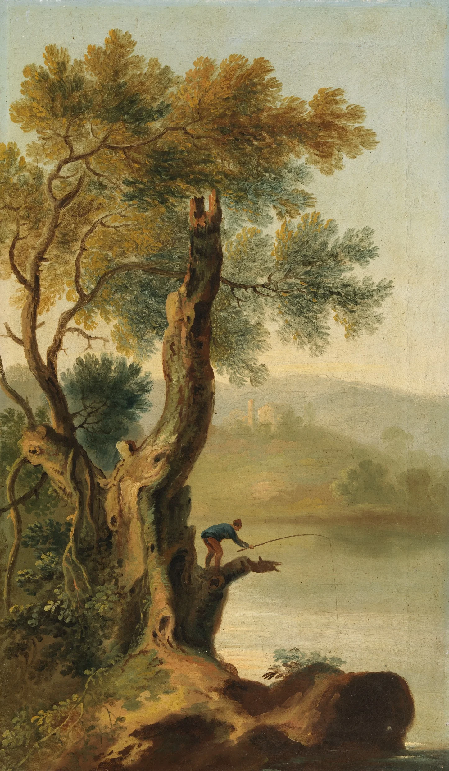 A Landscape with a Man Fishing, by George Barret, Sr., oil, 1767