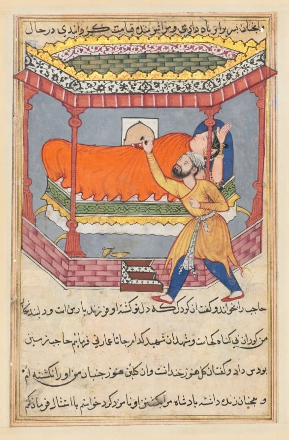 The king places the talisman on his sleeping wife, from a Tuti-nama (Tales of a Parrot): Fiftieth Night