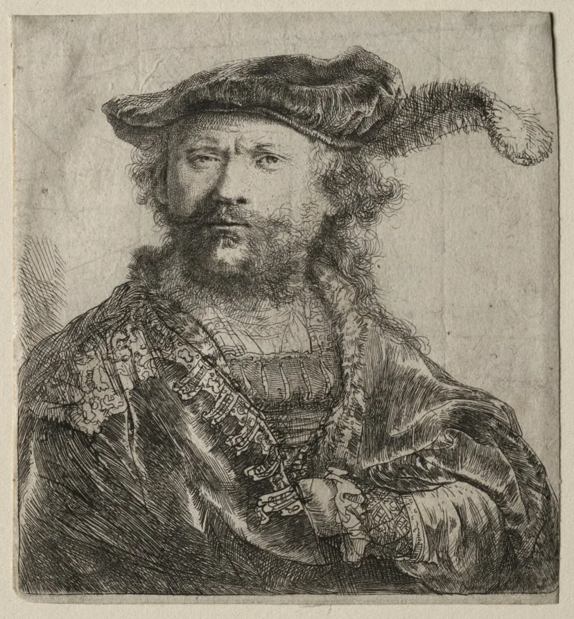 Self-Portrait in Velvet Cap with Plume, by Rembrandt, 1638