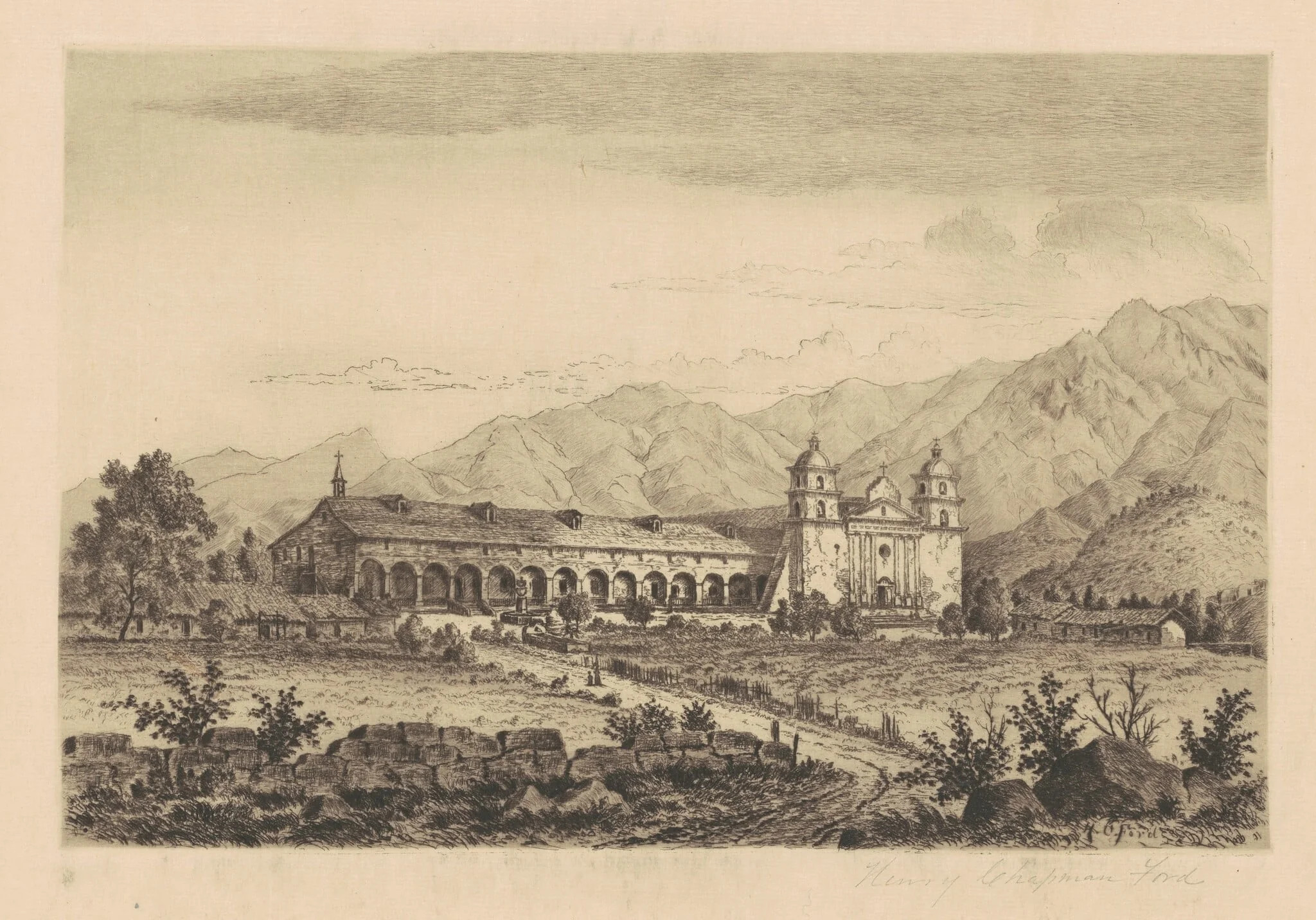 Mission Santa Barbara, by Henry Chapman Ford, ink, 1883