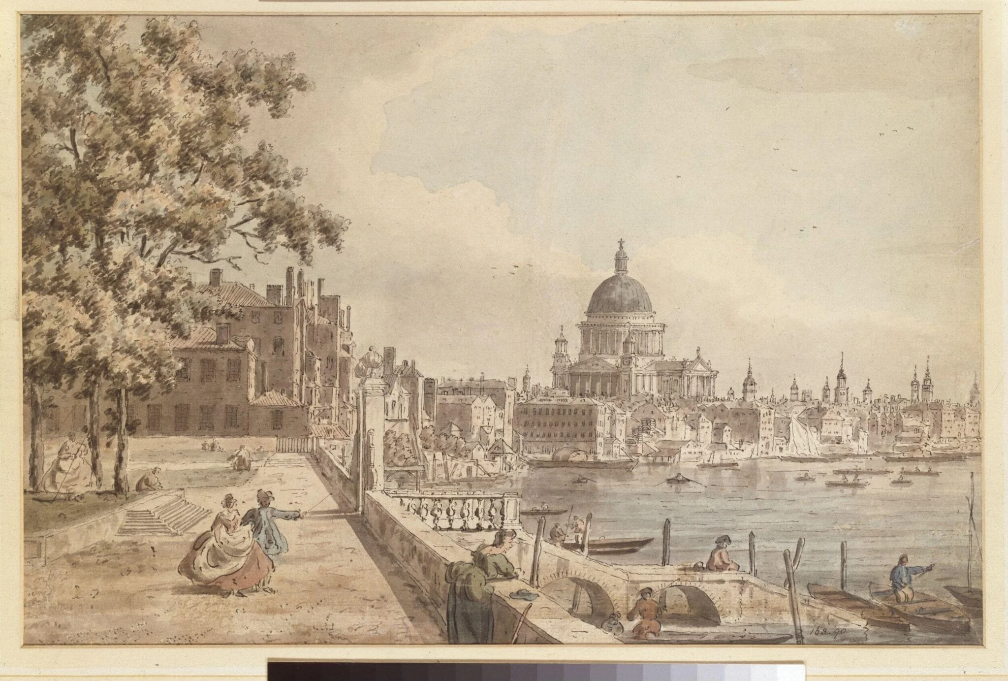St. Paul's Cathedral, from the terrace of Old Somerset House, by William James, watercolor, 1768