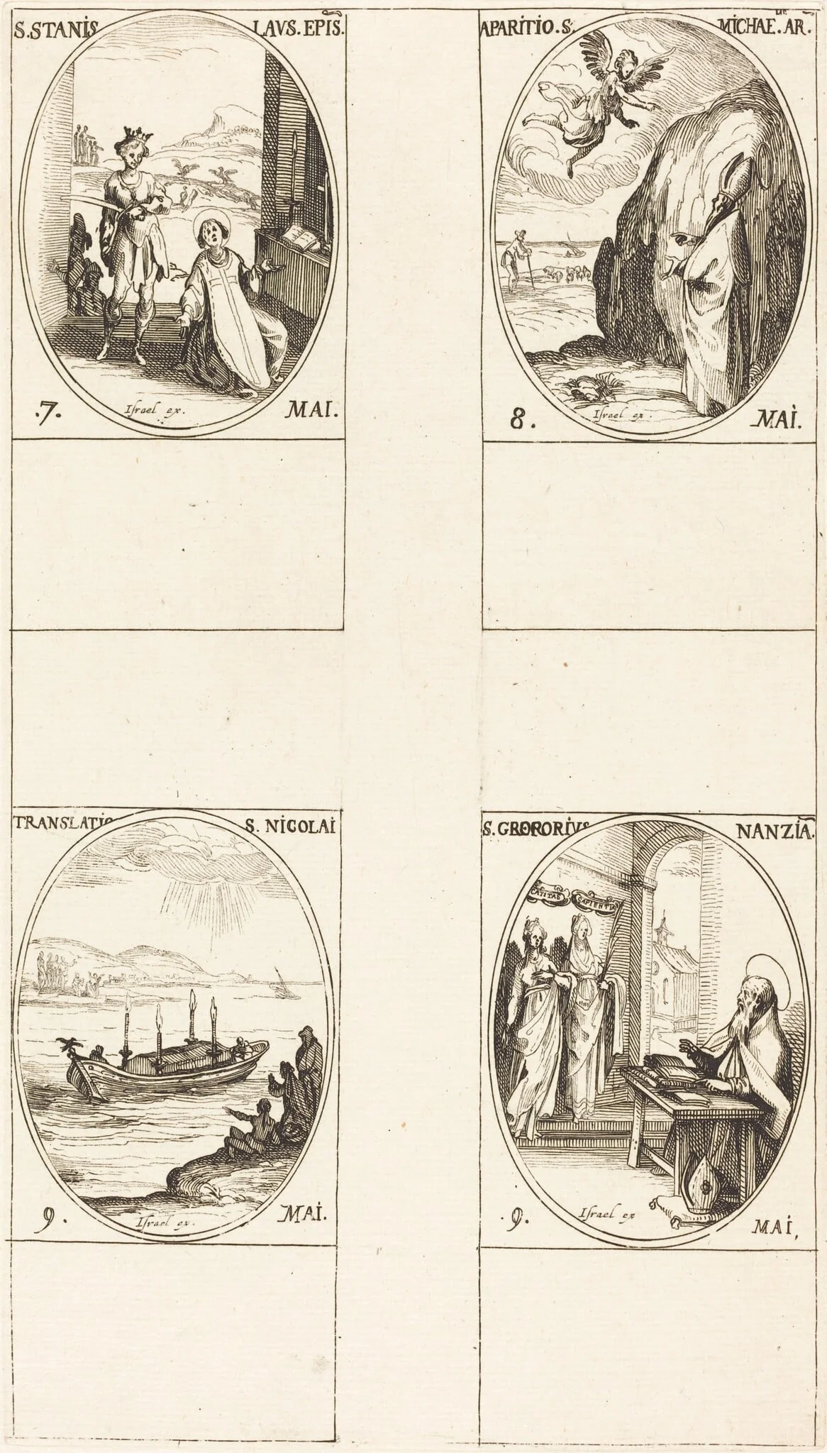 St. Stanislaus; The Apparition of St. Michael; The Translation of St. Nicholas; St. Gregory of Nazianzus, by Jacques Callot, ink, 1634