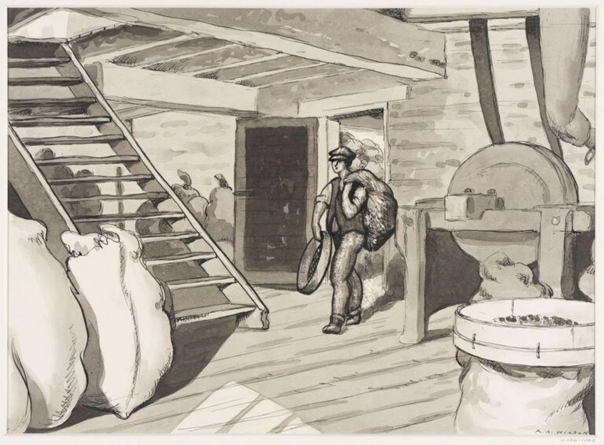 Interior of flour mill, Emsworth, Hampshire., by Robert Arthur Wilson, 1936