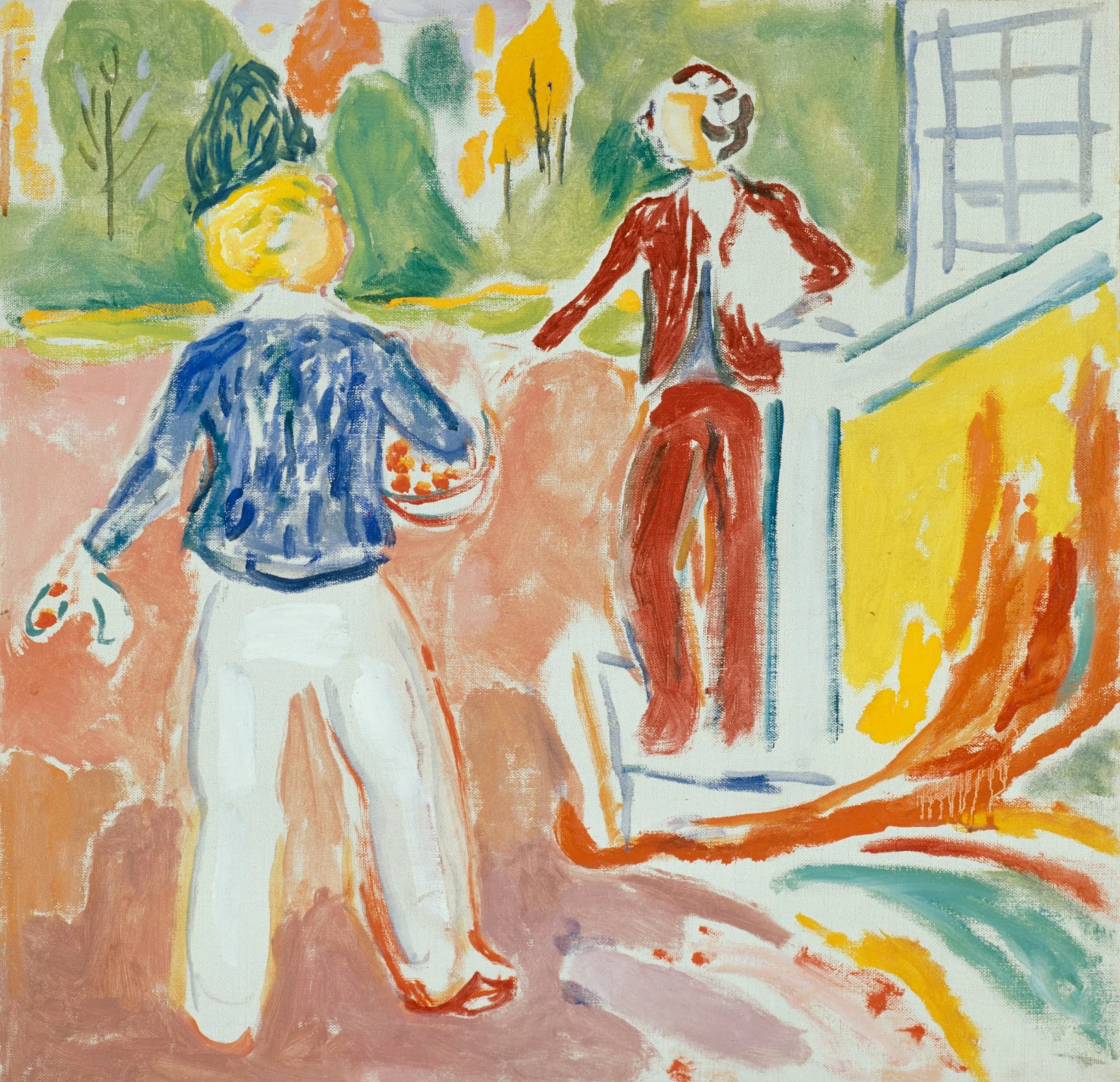 Two Women by the veranda Steps, by Edvard Munch, oil, 1942