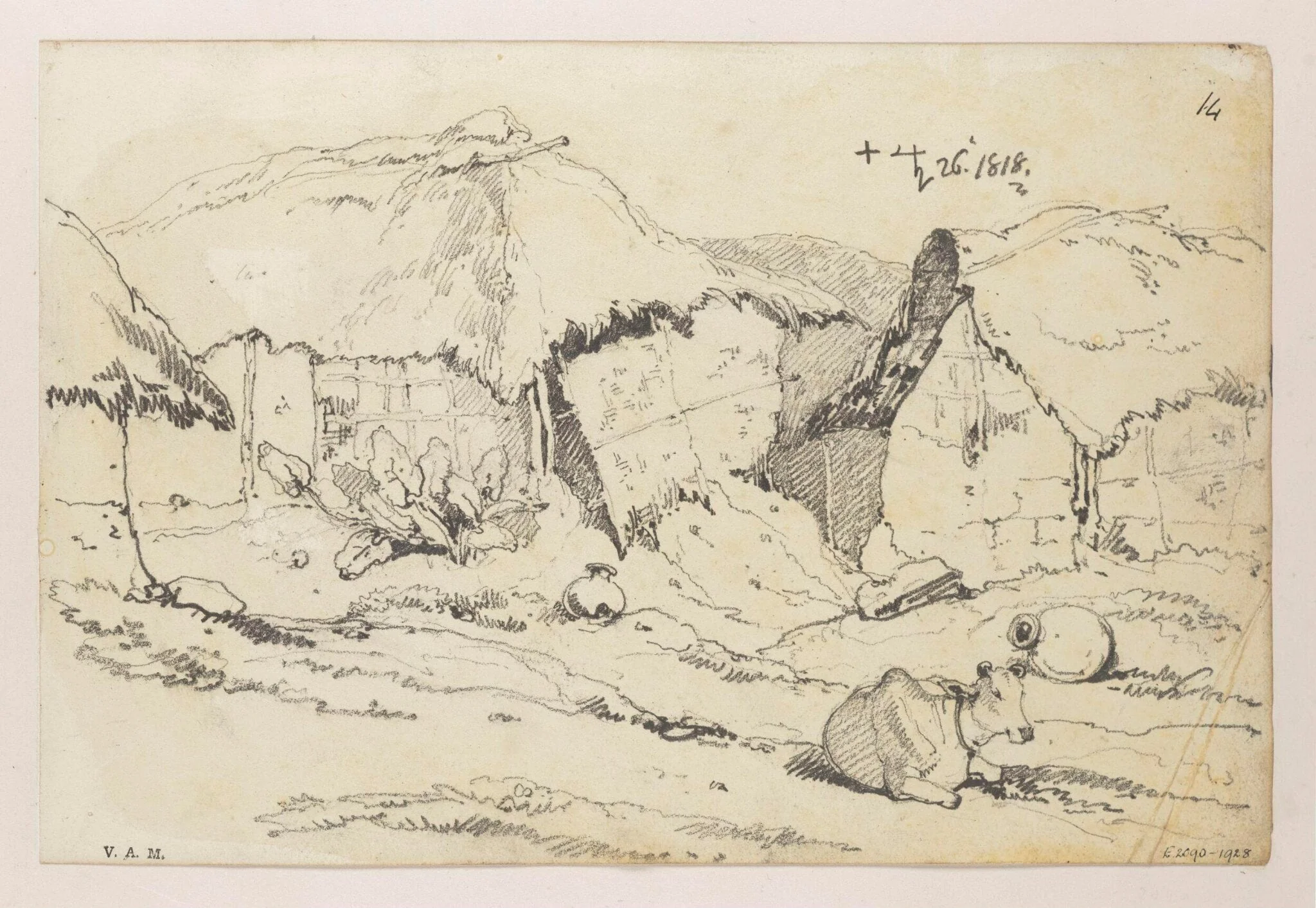Indian village dwellings with a humped ox, by George Chinnery, 18