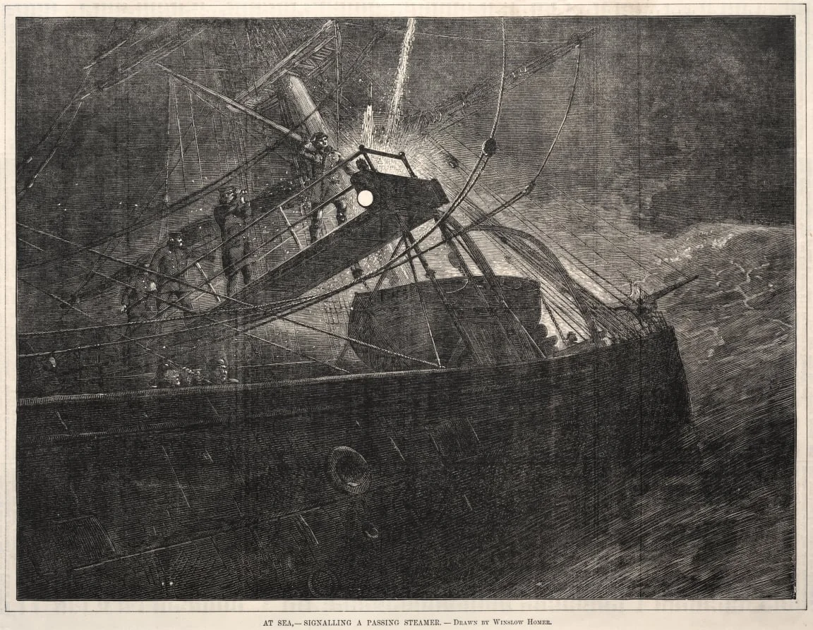 At Sea, Signalling a Passing Steamer, by Winslow Homer, 1871