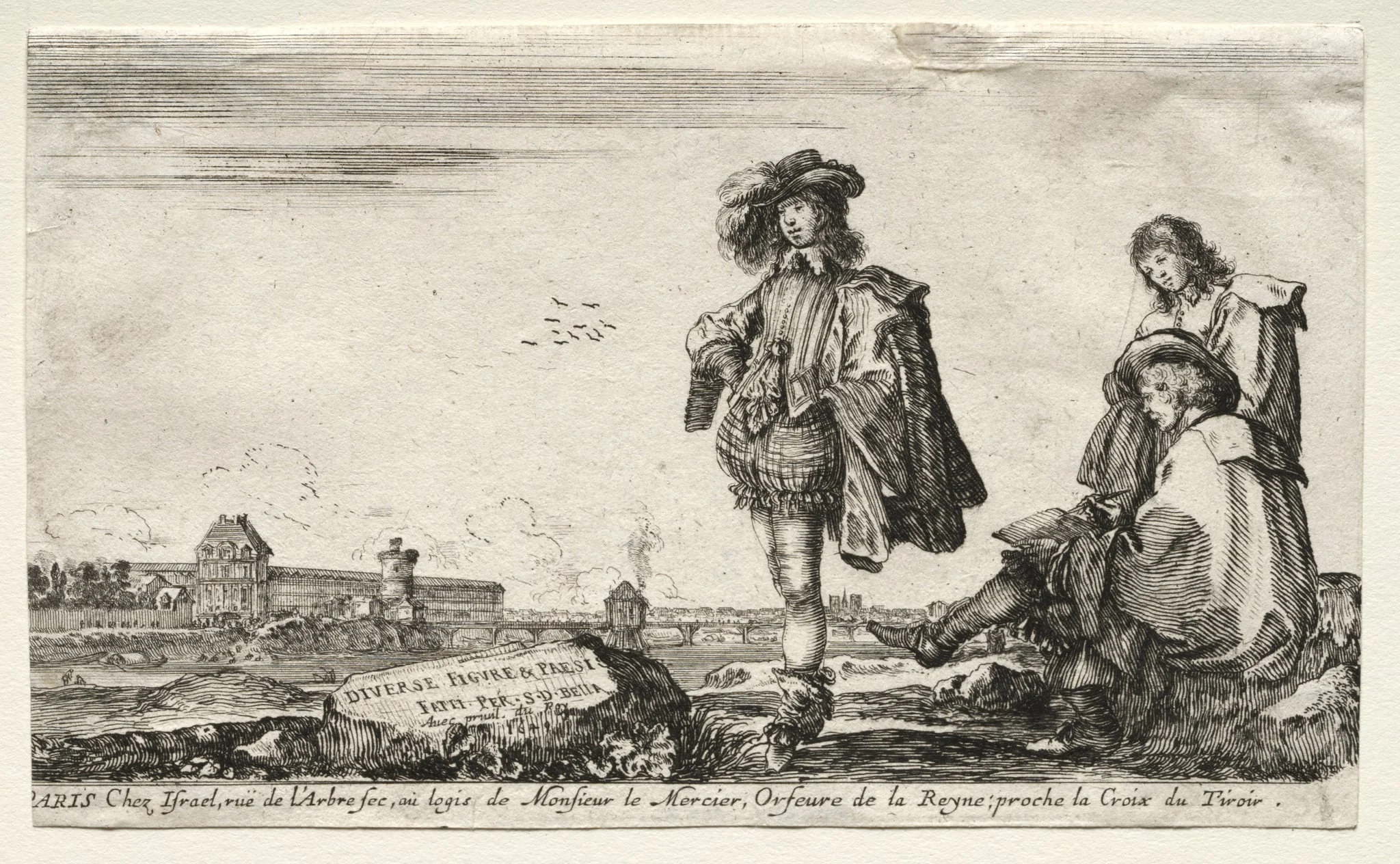 Various Figures and Landscapes:  Title Page - Three Figures, by Stefano Della Bella, 1649