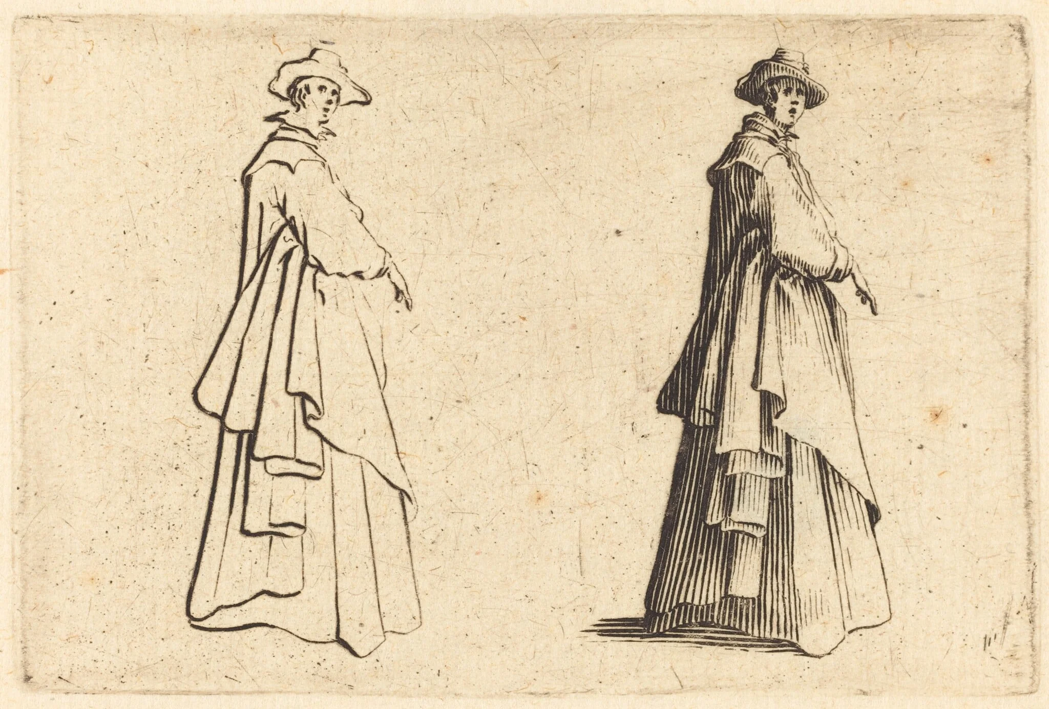 Lady in a Large Coat, by Jacques Callot, ink, 1622