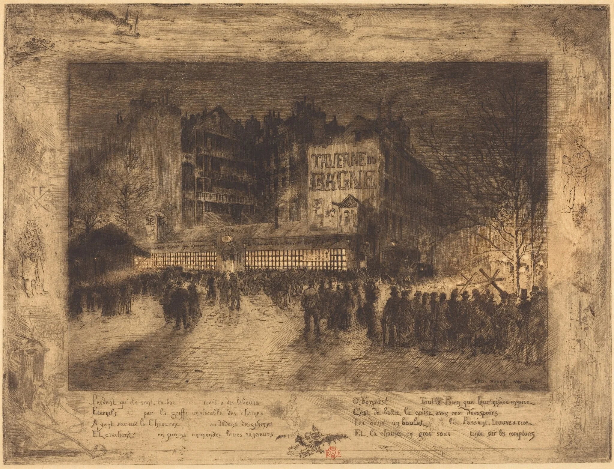 La Place des Martyrs et La Taverne du Bagne (The Place des Martyrs and the Jailhouse Tavern), by Félix-Hilaire Buhot, ink, 1885