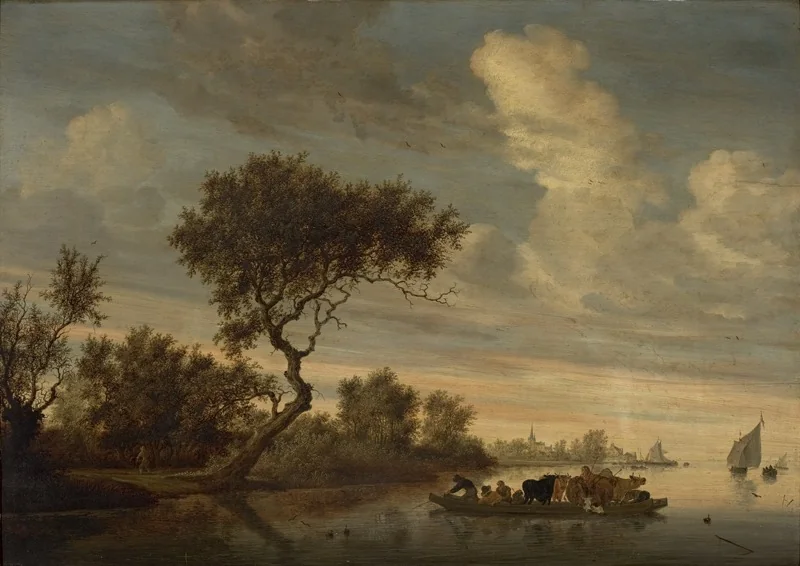 River Landscape with a Ferryboat Transporting Animals, by Salomon van Ruysdael, oil, 1650
