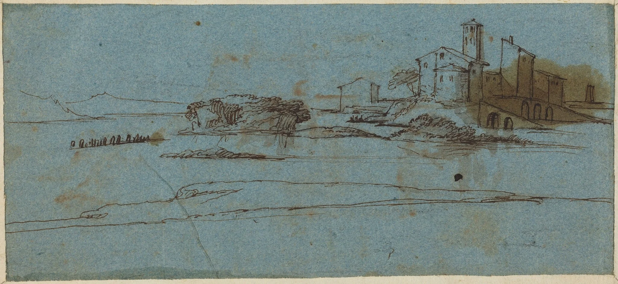 Buildings on a River Bank [verso], by Master of the Blue Landscapes, ink, 1640