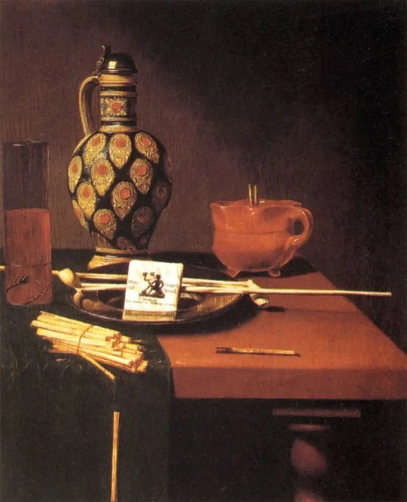 Still life with glass, flask, pipe and tobacco packet