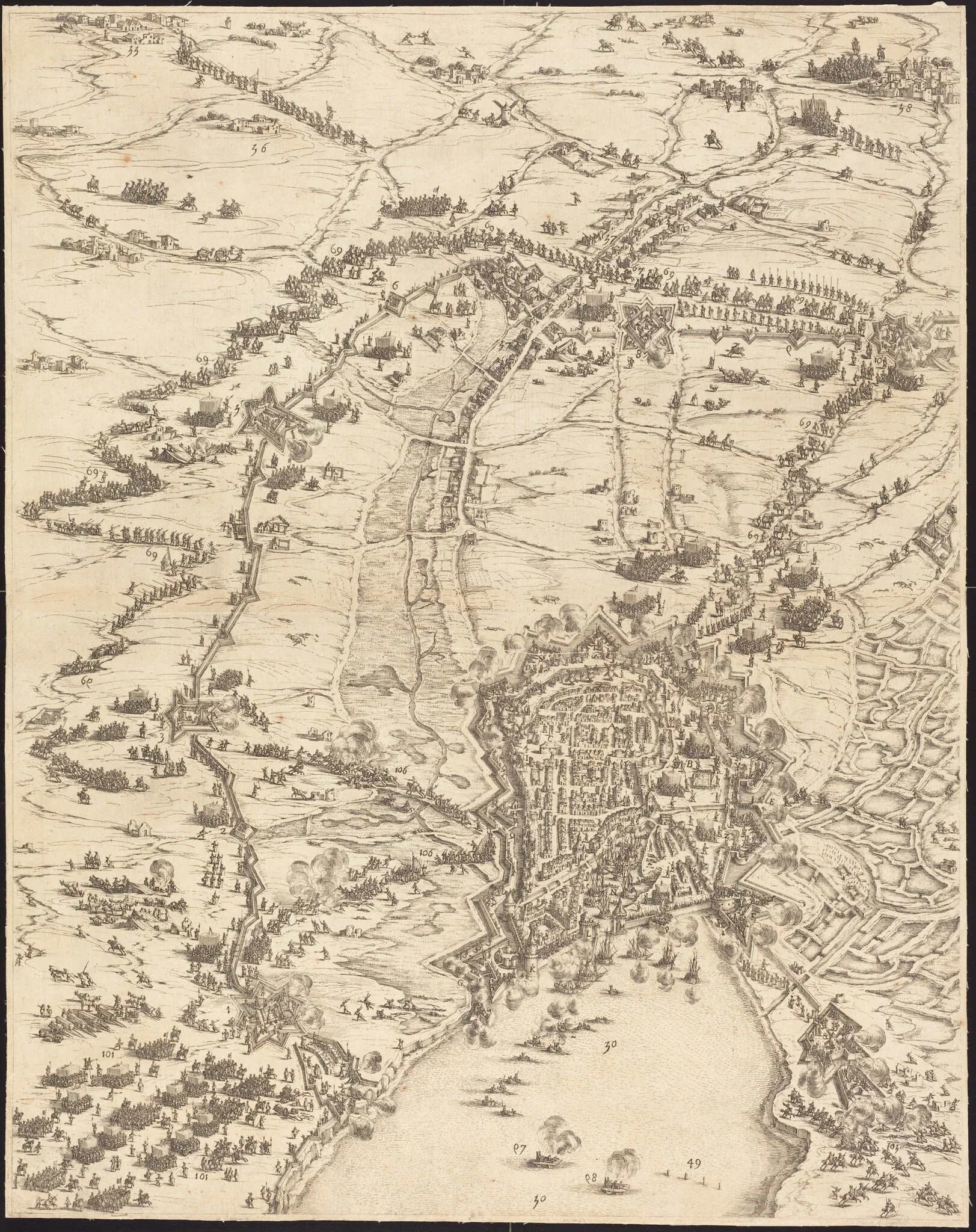 The Siege of La Rochelle [plate 6 of 16;  set comprises 1952.8.97-112], by Jacques Callot, ink, 1630