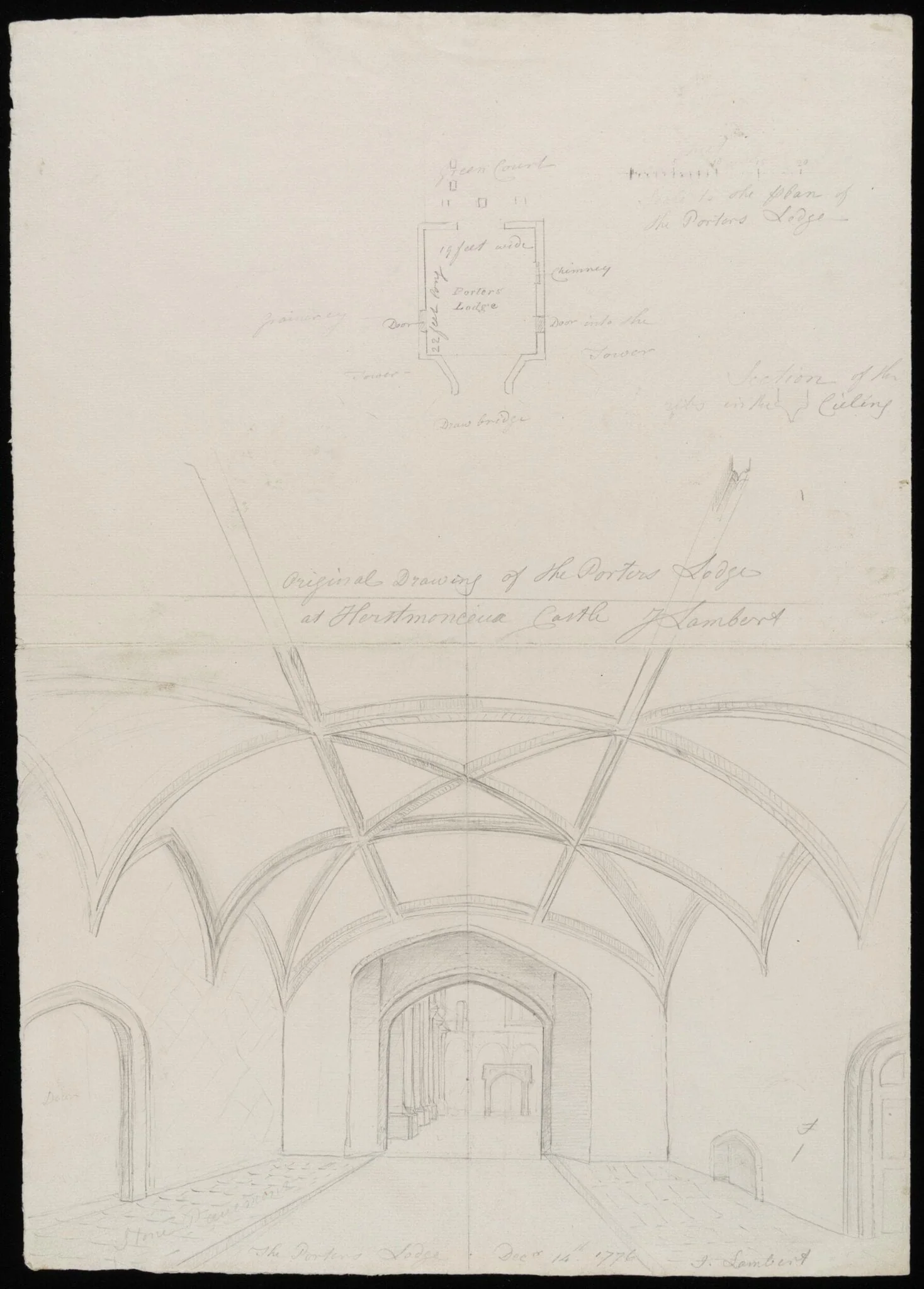 Interior, with sketch plan, of porter's lodge., by James Lambert senior, 14