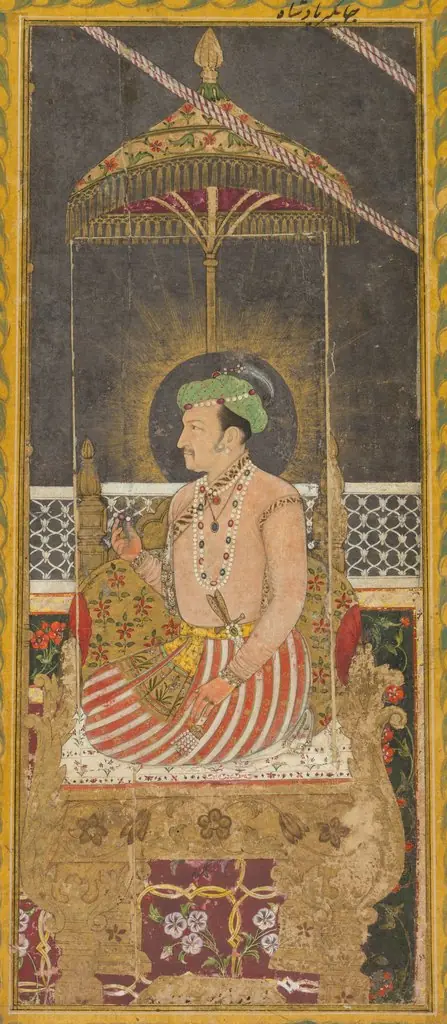 Posthumous portrait of Emperor Jahangir under a canopy (recto); Calligraphy (verso)