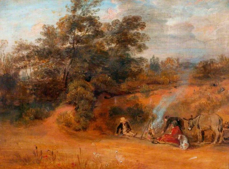 Landscape: Gypsies with Two Donkeys and a Dog, by David Wilkie, oil, 1823