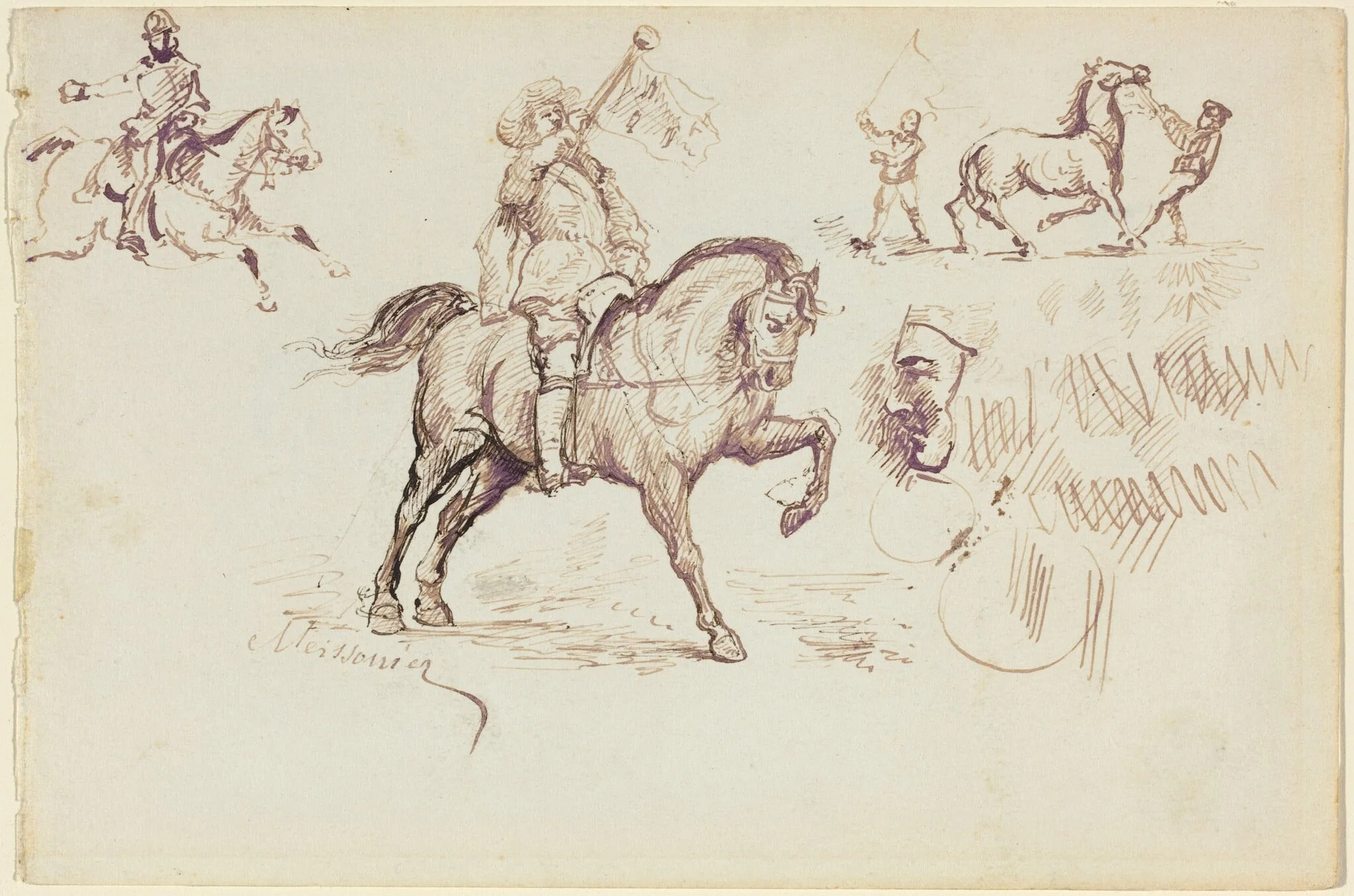 The Herald of Murcia and Other Studies (recto), by Jean-Louis-Ernest Meissonier, ink, 1860