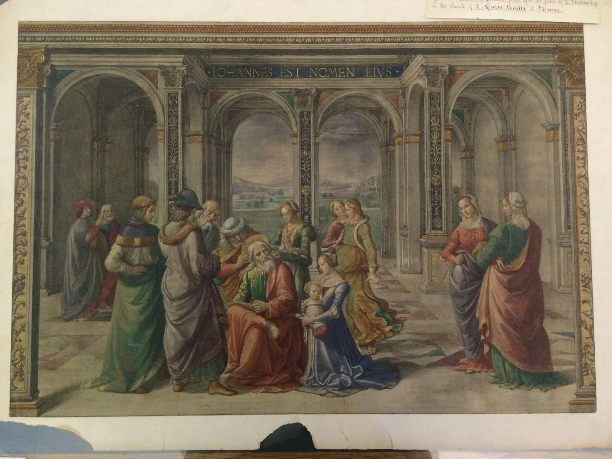 Copy after Zacharias writes down the name of his Son, Domenico Ghirlandaio in the Tornabuoni Chapel, Santa Maria Novella (Florence), by Domenico Ghirlandaio, watercolor, 1860