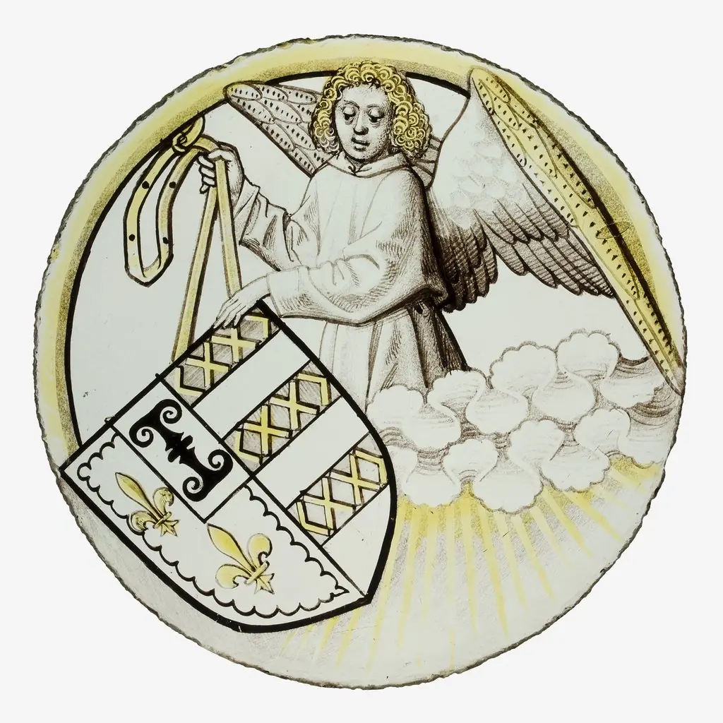 Roundel with Angel Supporting a Heraldic Shield