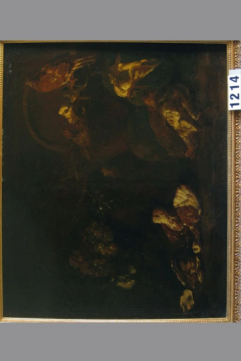 Natură statică cu porumbei (în registrul inventar: Natură moartă și un coș cu porumbei), by Jacomo Victors, unspecified