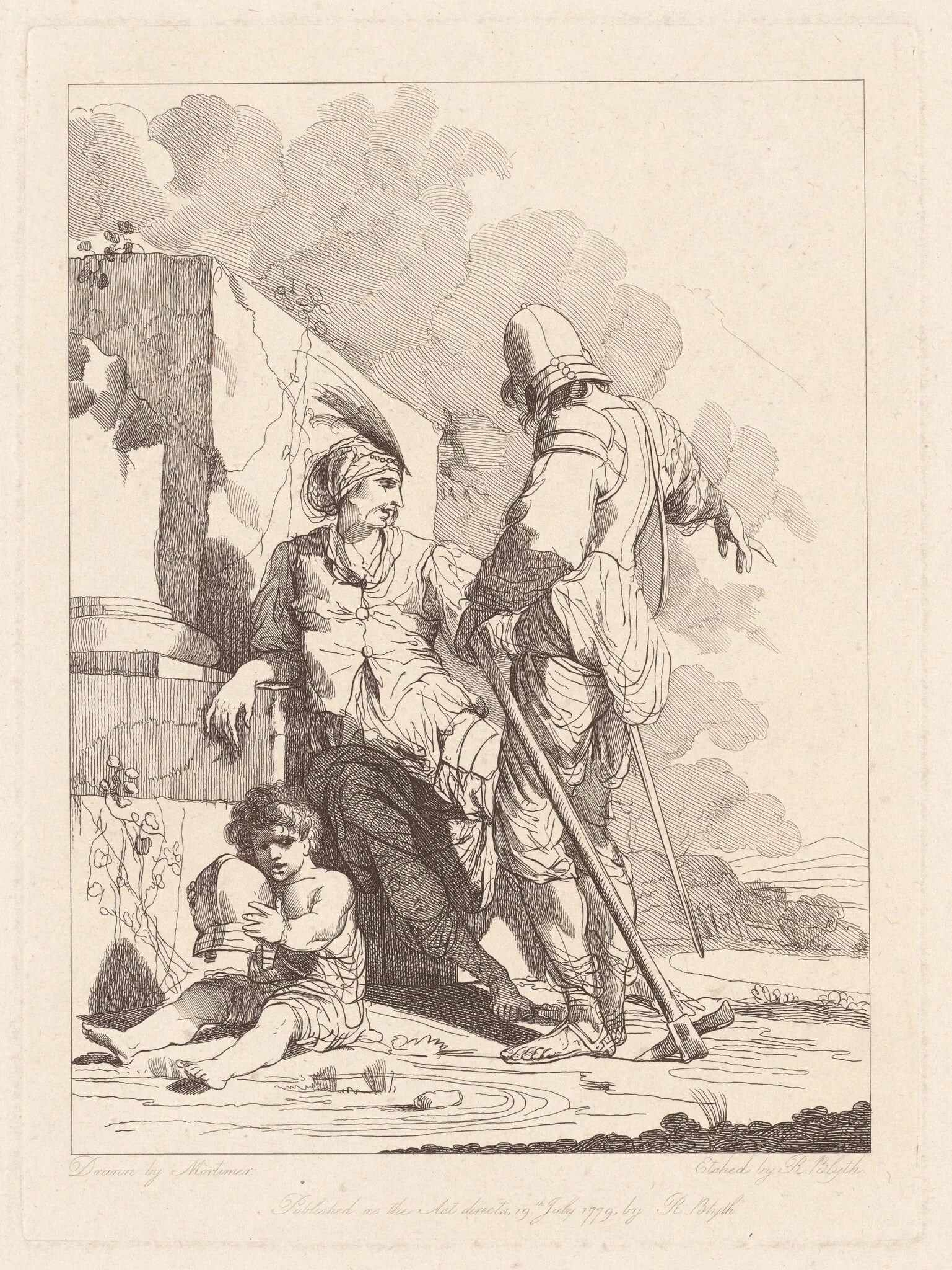 Two Soldiers and Child Holding a Helmet, by Robert Blyth, ink, 1779
