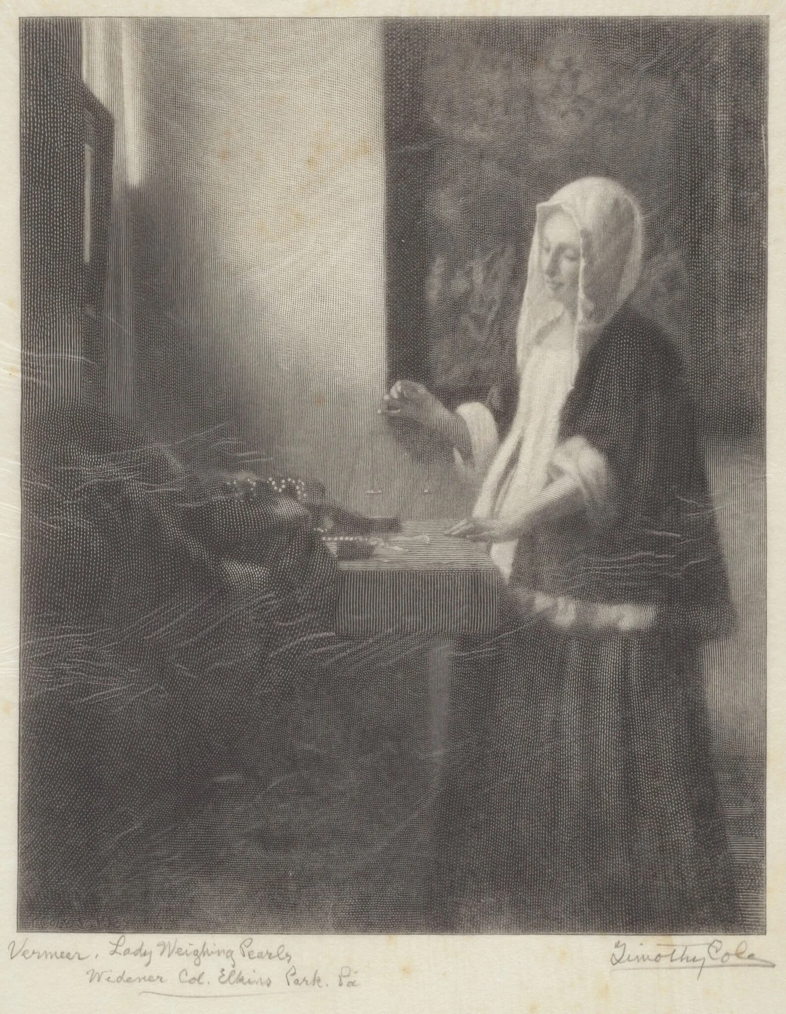 Woman Weighing Pearls, by Timothy Cole, ink, 1922