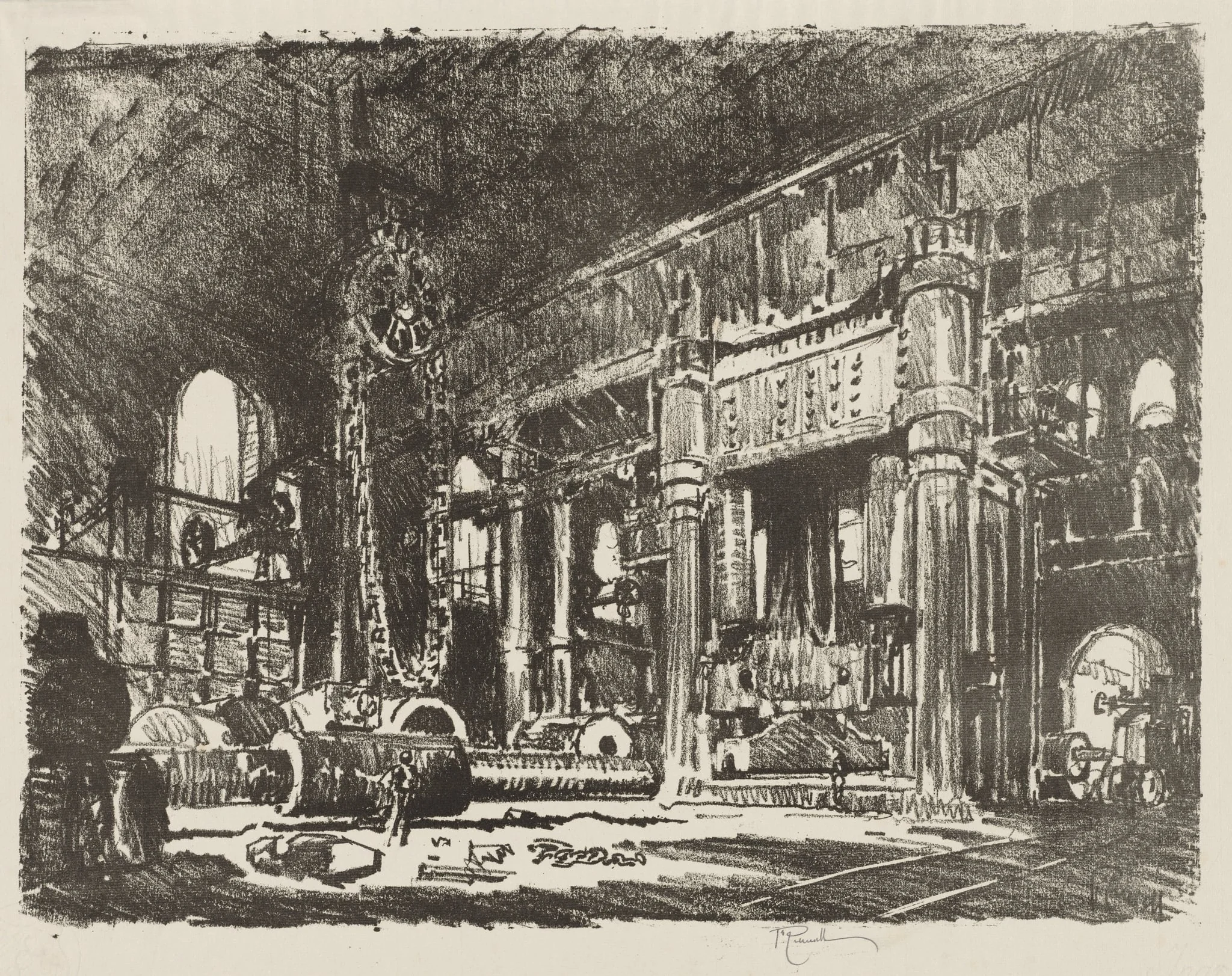 English War Work:  The Gun Forge, by Joseph Pennell, 1916