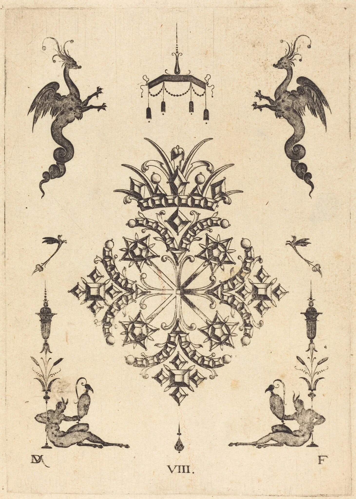 Brooch with Fantasy Animals at Top and Fauns with Vases at Bottom