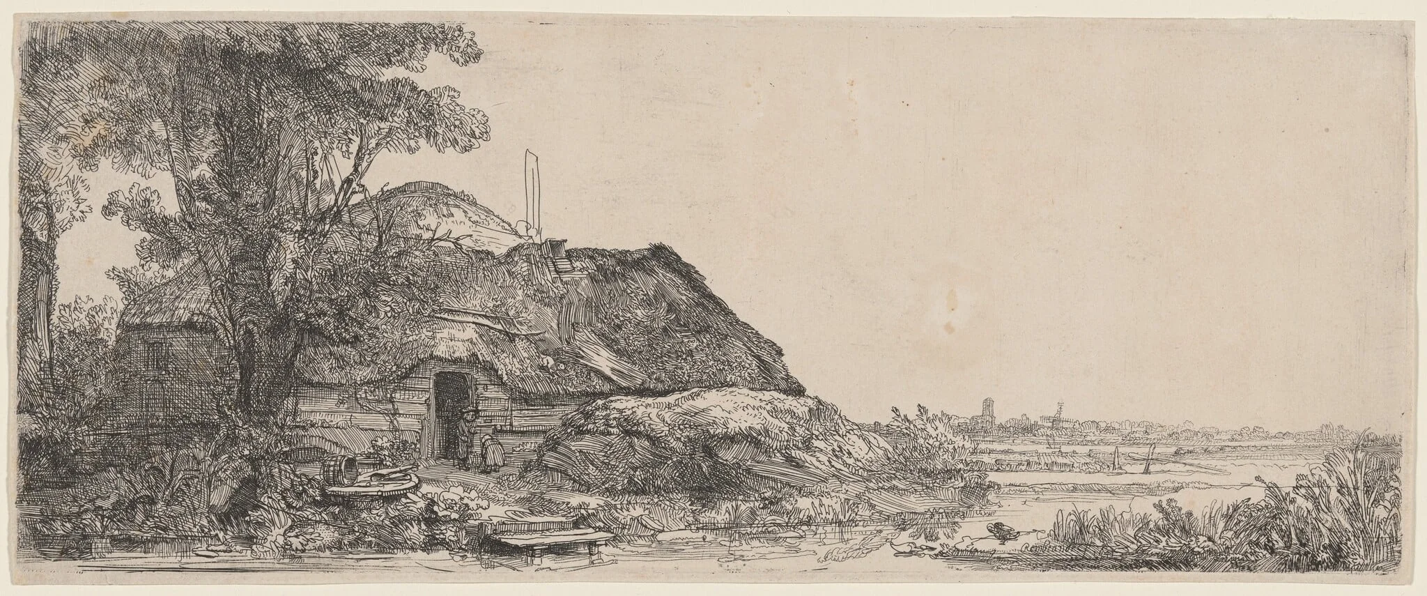 Landscape with a Cottage and a Large Tree, by Rembrandt, ink, 1641