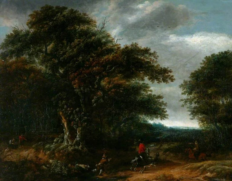 Landscape with a Stag Hunt, by Gillis Rombouts, oil, 1661