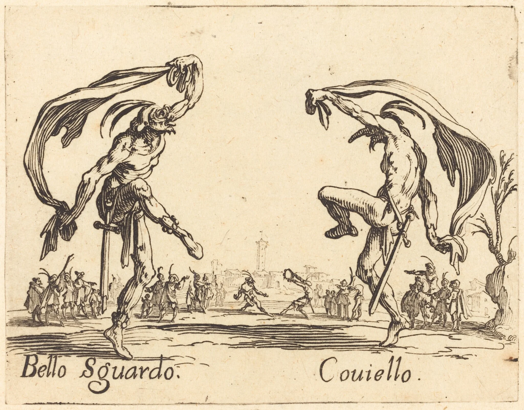 Bello Sguardo and Coviello, by Jacques Callot, ink, 1622
